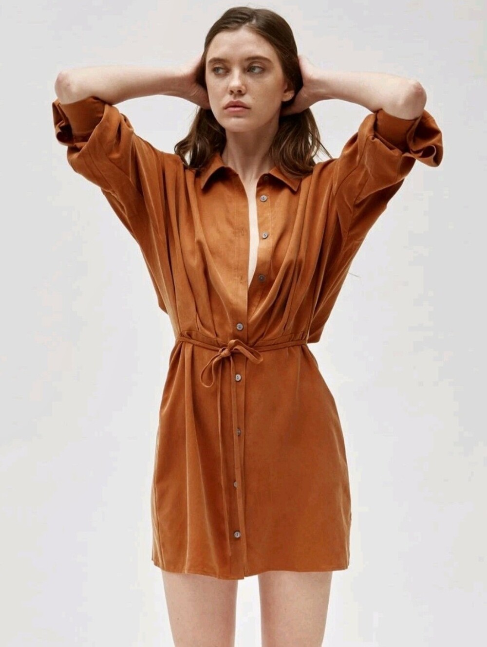 Thakoon Shirt Dress Orange Silk Long Sleeve Mini Size 4 - Picture 2 of 13